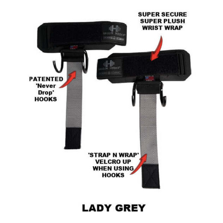 HAULIN HOOKS 'WOMENS' weightlifting wrist straps with velcro, sturdy hooks, and labeled details offer ultimate support for enhancing women's fitness routines. Text: "LADY GREY".