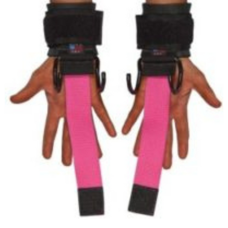 Hands adorned with HAULIN HOOKS 'WOMENS' in black and pink, palms facing forward, showcasing a touch of style in women's fitness.