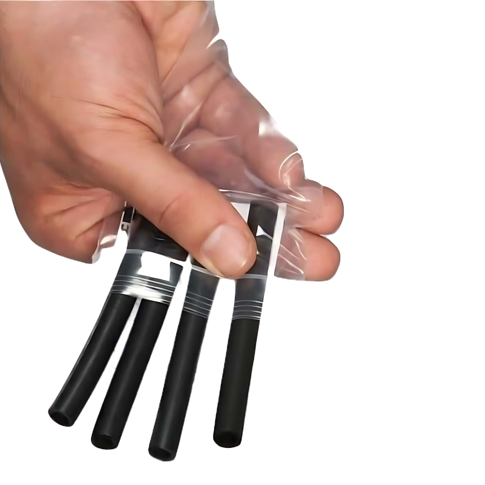 A hand holds four HAULIN HOOKS ONLYS with black handles in a clear plastic bag, designed for wrist protection and precise muscle isolation during detailed work.