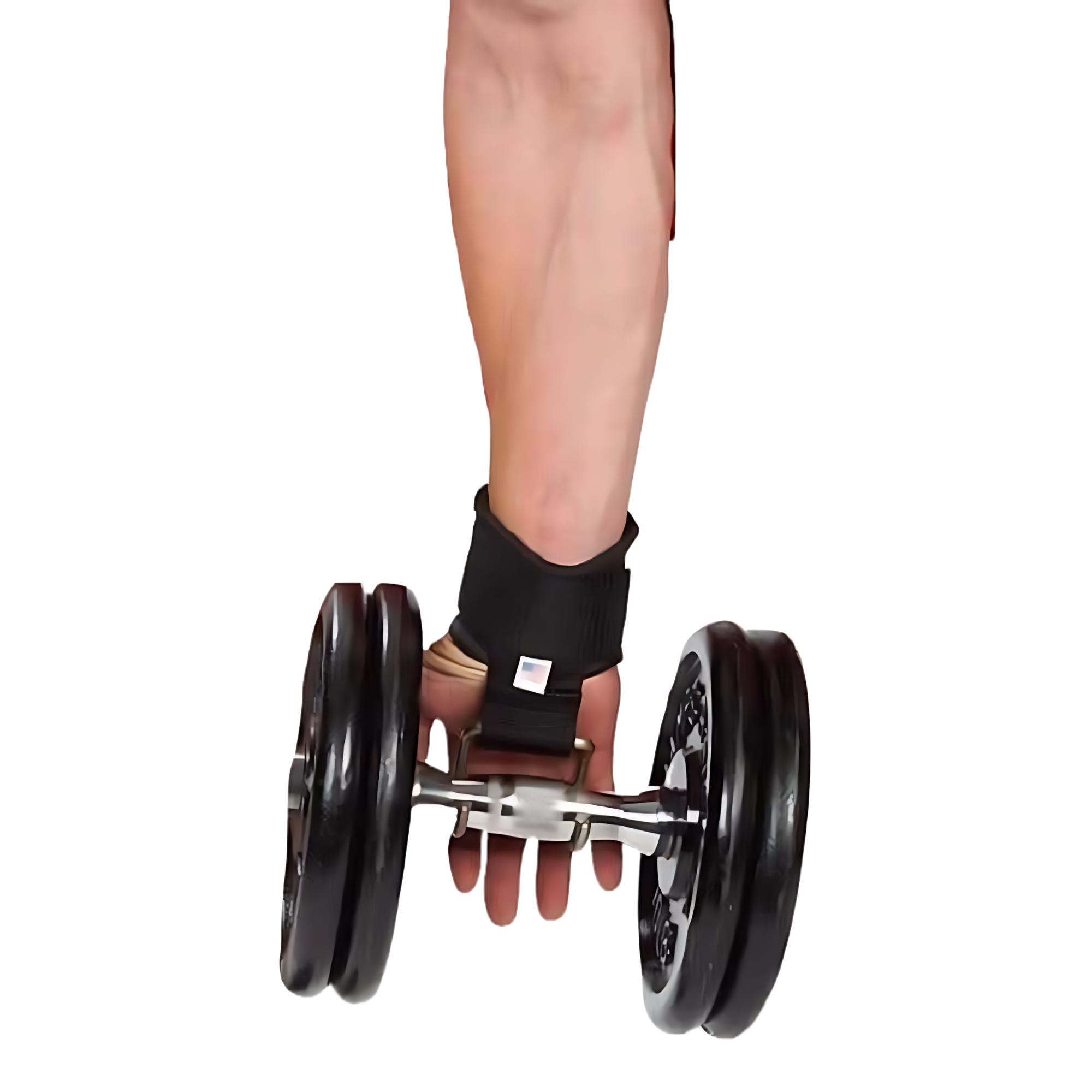 A hand gripping a dumbbell with HAULIN HOOKS ONLYS wrist support straps for added wrist protection.