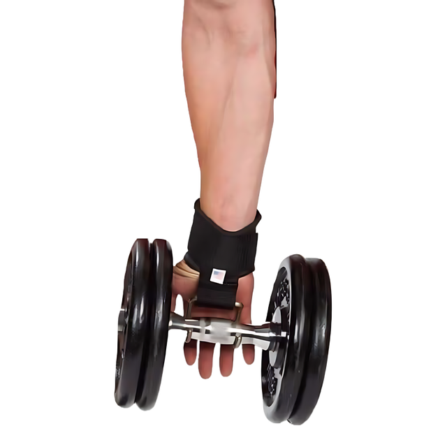A hand gripping a dumbbell with HAULIN HOOKS ONLYS wrist support straps for added wrist protection.