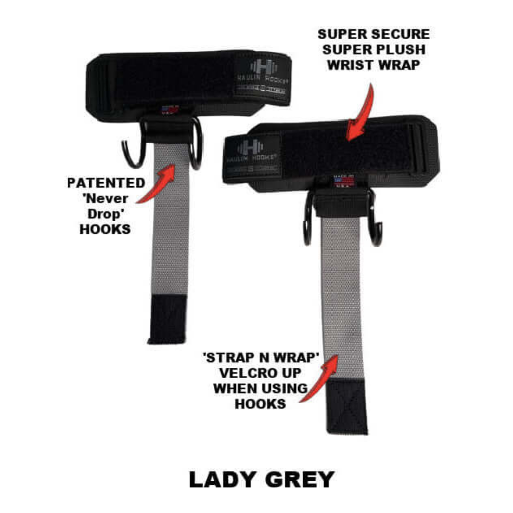 The HAULIN HOOKS 'WOMENS' are black and gray lifting straps for women in fitness, featuring hooks and Velcro straps. Labeled "Super Secure" and "Never Drop.