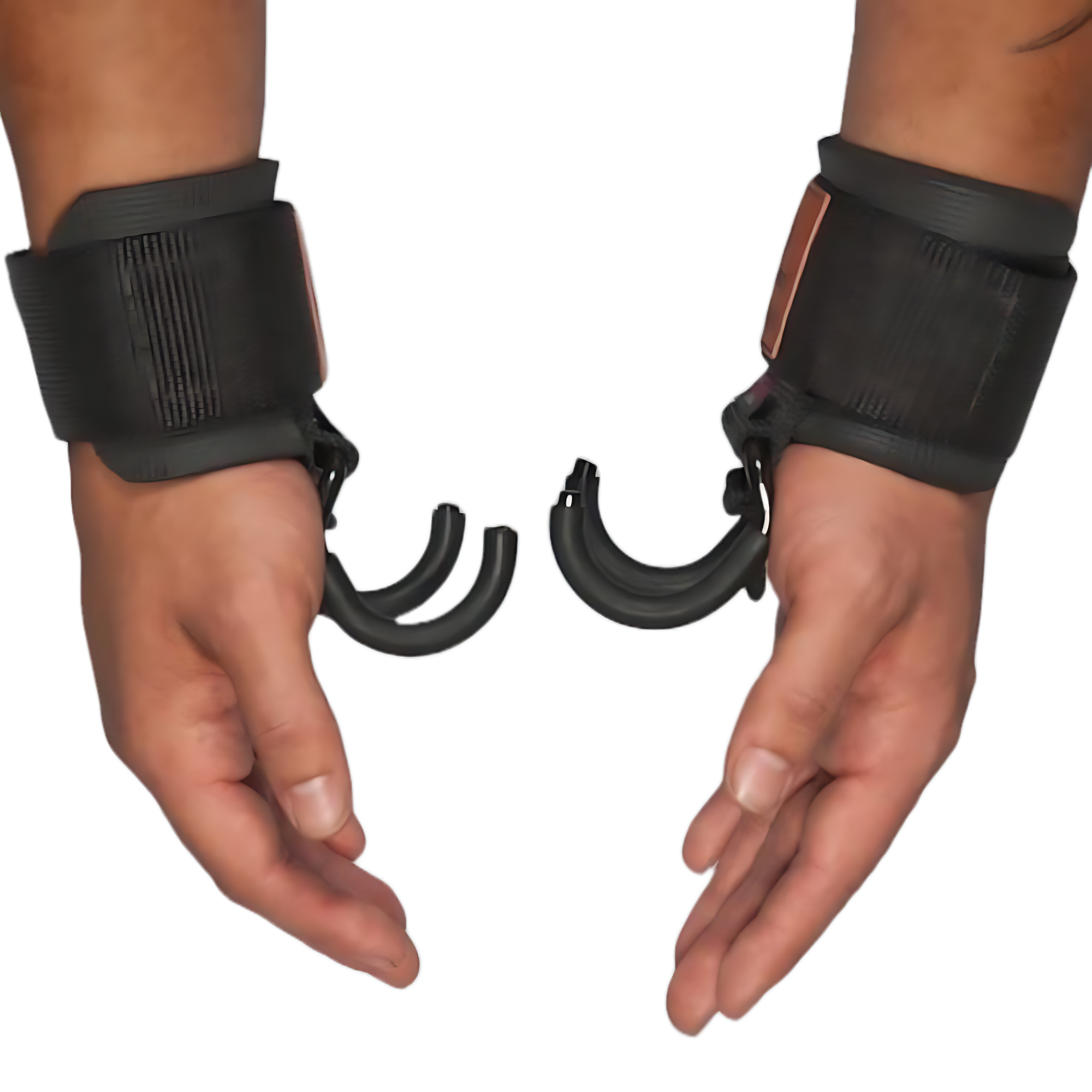 Two hands wearing HAULIN HOOKS ONLYS black wrist cuffs with open, broken plastic handcuffs attached, providing wrist protection and support.