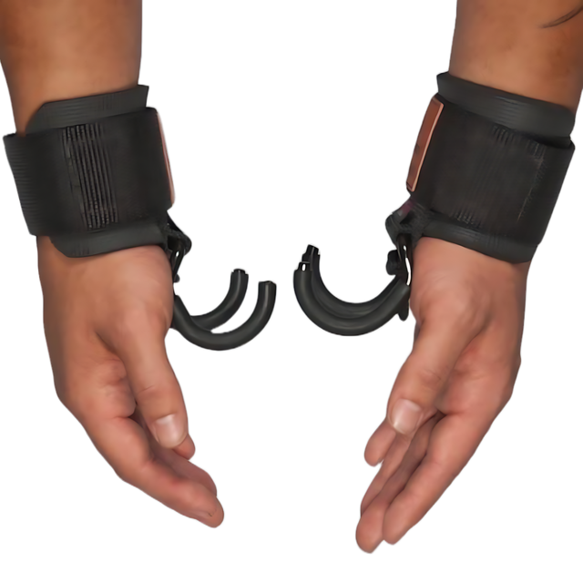 Two hands wearing HAULIN HOOKS ONLYS black wrist cuffs with open, broken plastic handcuffs attached, providing wrist protection and support.