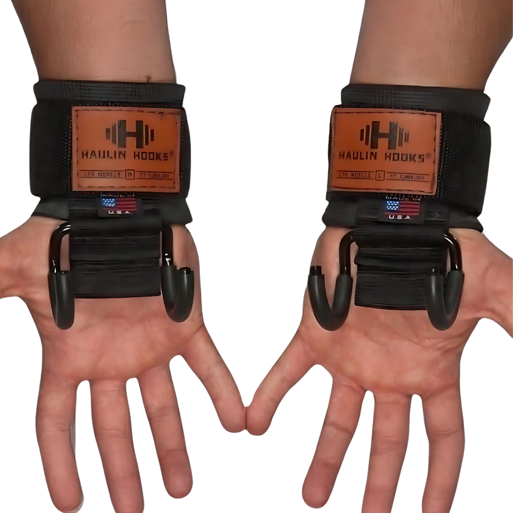 Two hands wearing HAULIN HOOKS ONLYS black wrist straps with metal lifting hooks, palms up, designed for superior muscle isolation and enhanced wrist protection.