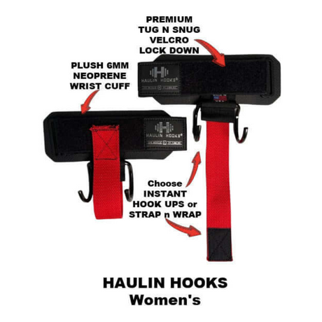 Discover HAULIN HOOKS 'WOMENS', the ultimate fitness accessory with adjustable Velcro and neoprene wrist cuffs, offering unparalleled support through lifting straps with red hooks.