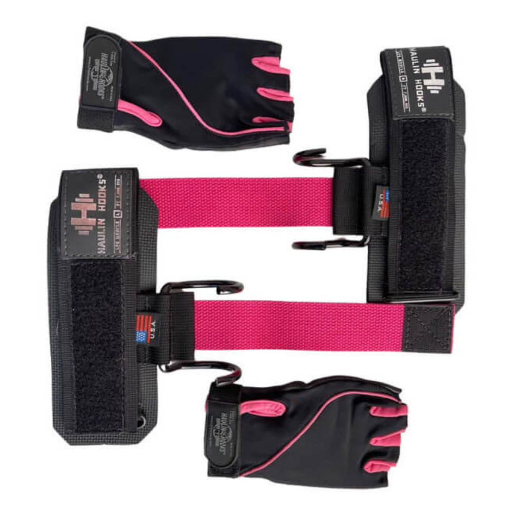 HAULIN HOOKS 'WOMENS' black and pink weightlifting gloves with lifting straps, designed for women fitness enthusiasts, arranged on a white background.