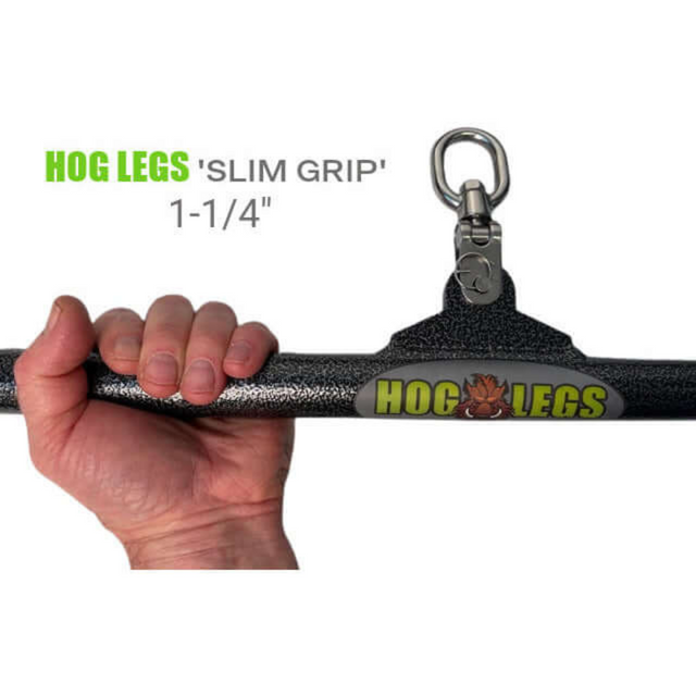 Hand gripping a HOG LEGS 48" FAT Lat Pulldown Straight Bar, expertly designed for muscle stimulation, featuring a durable metal build.