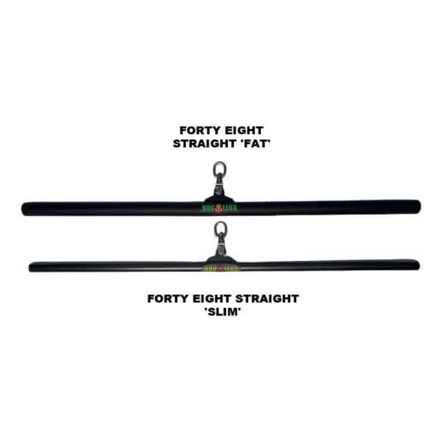 Two black horizontal bars labeled "HOG LEGS 48\" FAT Lat Pulldown Straight Bar" and "Forty Eight Straight 'Slim'," each with hooks on top, designed as a muscle-stimulating straight lat bar.