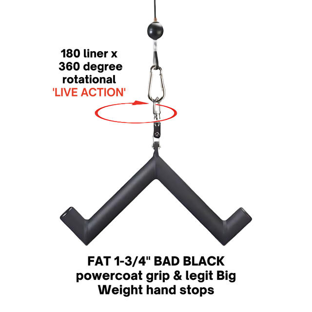 The HOG LEGS 'Arm Yourself' Cable Machine Attachments Set features a black V-shaped hanger with a forearm grip, clip suspension, and “LIVE ACTION” label—designed for discovering new muscle targeting angles.