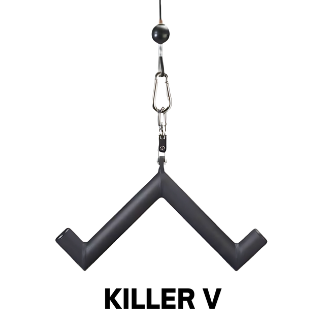 The HOG LEGS 'Arm Yourself' Cable Machine Attachments Set features a black V-shaped handle with a carabiner, designed for gym equipment to offer versatile muscle angles and improved forearm grip during bicep cable exercises.