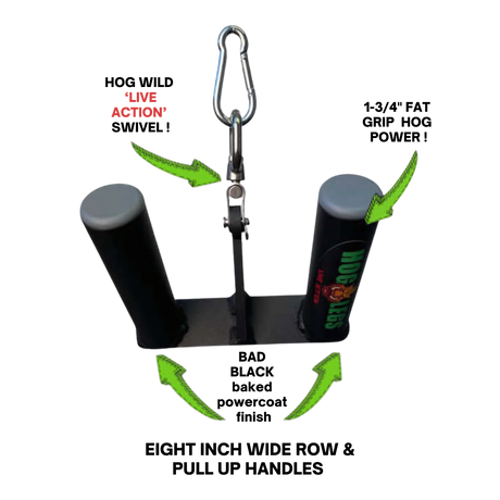 The HOG LEGS 'Back Pac' LEGIT Cable Machine Attachments Set features a dog tug toy with two black handles, metal clip, and green movement arrows, designed to mimic cable machine attachments like a lat bar for interactive play.