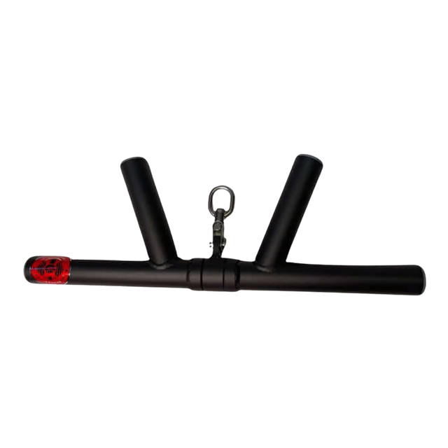 The HOG LEGS 'Boar Tusk' Fat Grip Curling Bar features two angled grips, a central clip, and a red end cap, ideal for triceps cable exercises and bicep workouts; shown isolated on white.