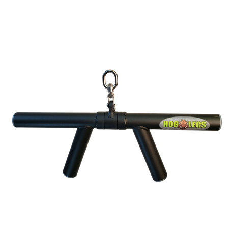 The HOG LEGS 'Boar Tusk' Fat Grip Curling Bar is a black metal handle with two grips and "Hog Legs" logo, designed for cable attachment to build biceps, triceps, and forearms.
