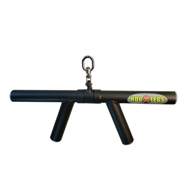 The HOG LEGS 'Boar Tusk' Fat Grip Curling Bar is a black metal handle with two grips and "Hog Legs" logo, designed for cable attachment to build biceps, triceps, and forearms.