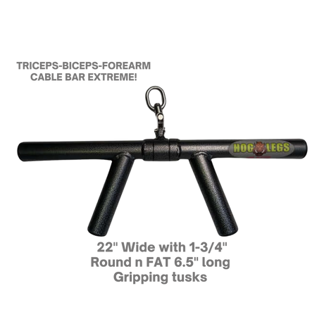 The HOG LEGS 'Boar Tusk' Fat Grip Curling Bar features two angled handles and logo, designed for intense triceps cable exercises as well as biceps and forearm workouts.