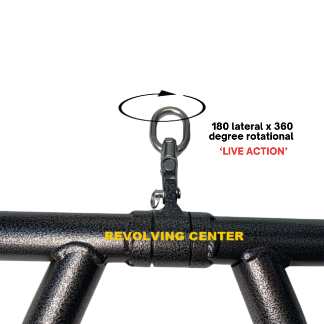 Close-up of a metal swivel hook labeled "LIVE ACTION," attached to a HOG LEGS 'Boar Tusk' Fat Grip Curling Bar for Triceps Cable Exercises, designed for targeted triceps and forearms workouts.