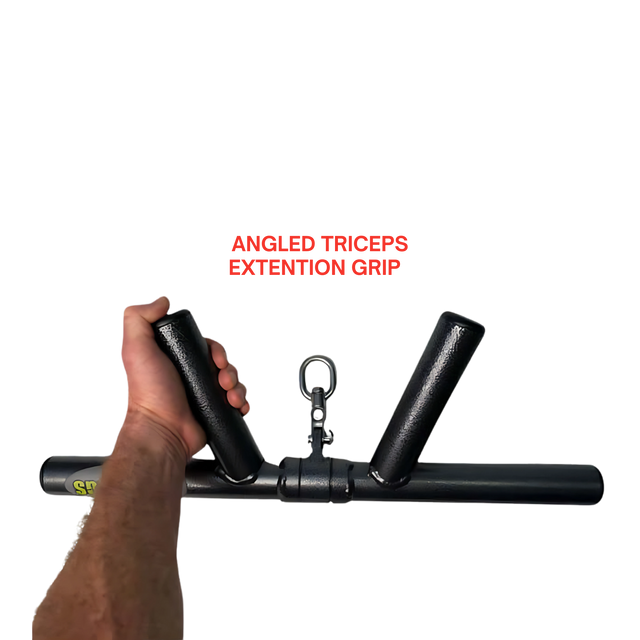 Hand holding the HOG LEGS 'Boar Tusk' Fat Grip Curling Bar for triceps cable exercises with a metal attachment, highlighting effective triceps and forearm training. Text above reads “ANGLED TRICEPS EXTENTION GRIP.”.