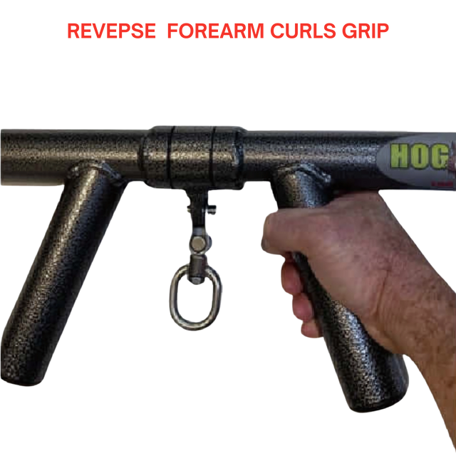 Hand gripping the HOG LEGS 'Boar Tusk' Fat Grip Curling Bar for triceps cable exercises, showcasing forearm and biceps strength against a plain background.