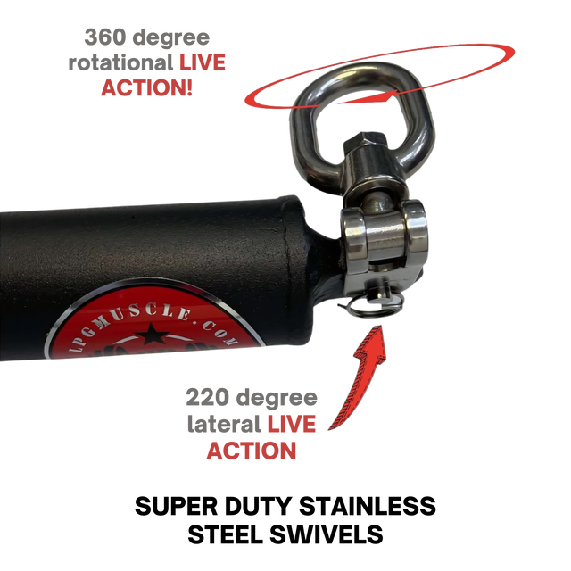 The HOG LEGS Dual Cable Bar Cable Attachments for Gym feature a black handle with metal swivel, offering 360° rotation and 220° lateral movement for cable resistance machines.