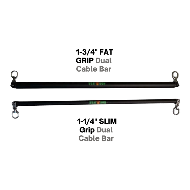 Two black HOG LEGS Dual Cable Bar Cable Attachments for gym, each with metal loops on both ends and "Dual Cable Bar" labeling—ideal for resistance machines and functional trainer workouts.