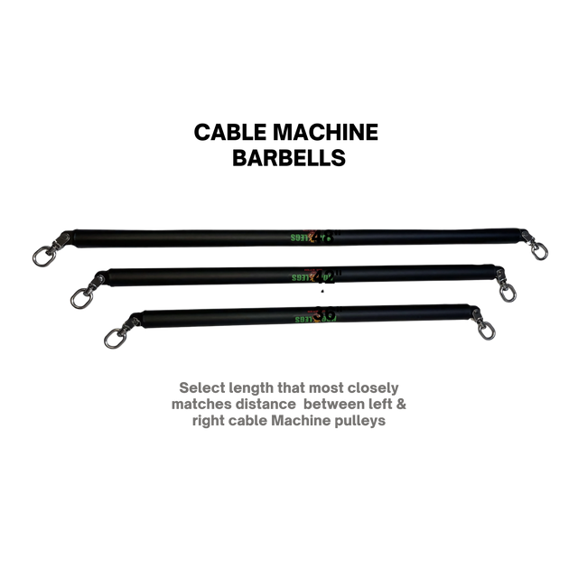 The HOG LEGS Dual Cable Bar Cable Attachments for Gym features three black pulleys of different lengths, each with hooks on both ends and labeled for easy selection, perfect for resistance machines or use as a functional trainer bar.