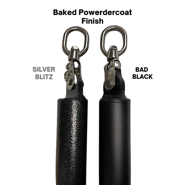 The HOG LEGS Dual Cable Bar features two handles with metal swivels—one textured, one smooth—both labeled "SILVER BLITZ," ideal as versatile cable attachments or additions to resistance machines for enhanced gym training.