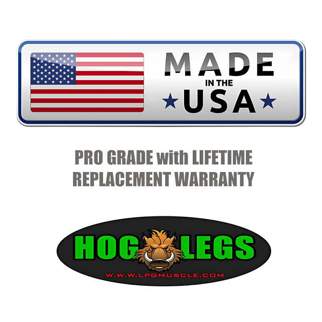 Made in the USA sign, warranty text, and HOG LEGS logo with boar face highlight our HOG LEGS Dual Cable Bar Cable Attachments for Gym—ideal for Resistance Machines. Includes website link.