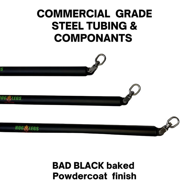 The HOG LEGS Dual Cable Bar Cable Attachments for Gym are three black metal rods with end hooks and "Hog Legs" in green and yellow—ideal as a functional trainer bar or dual pulley barbell attachment.