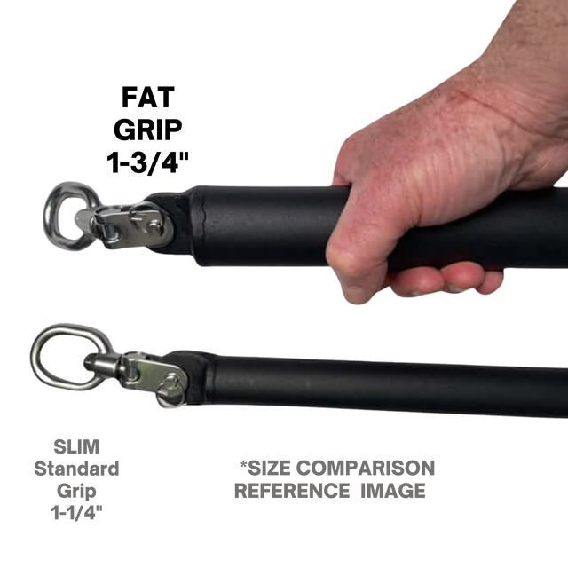 A hand grips a HOG LEGS Dual Cable Bar Cable Attachment in black with metal loops; below, a standard bar offers size comparison—perfect for cable resistance machines.