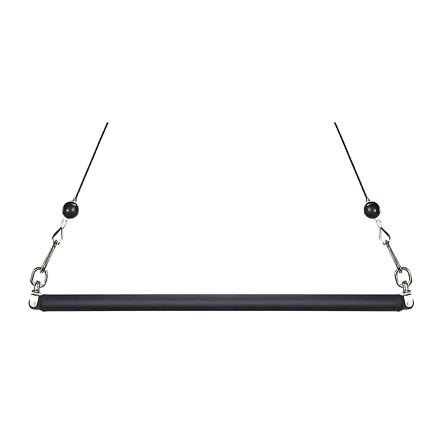 The HOG LEGS Dual Cable Bar Cable Attachments for Gym is a black horizontal trainer bar suspended by two cables with metal hooks at each end.