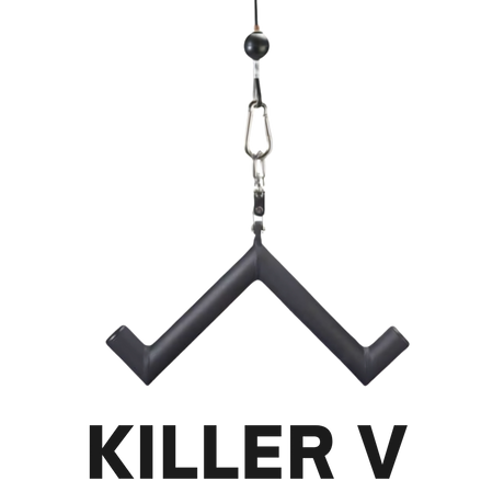 Black V-shaped handle suspended by a metal clip, ideal for forearm and bicep workouts. Features bold "KILLER V" text below the handle. A perfect addition to your HOG LEGS 'Feral Hog' Arm Workouts with Cables Bar set!.