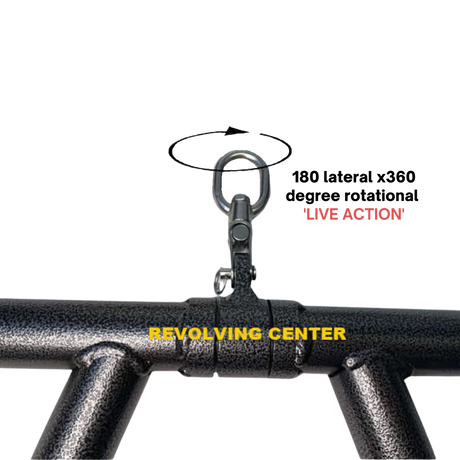 Close-up of a metal swivel hook labeled "LIVE ACTION" and "REVOLVING CENTER" on a black bar from the HOG LEGS 'Feral Hog' Arm Workouts with Cables Bar set—perfect for fat cable bars to boost forearm and biceps training.