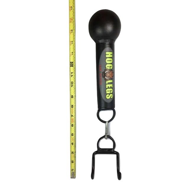 The HOG LEGS 'Fist Full' Pullup Handles & Tricep Attachment, shown in black with a ball grip next to a 12-inch yellow measuring tape, is ideal for fitness enthusiasts who value strong grip handles in their workout gear.