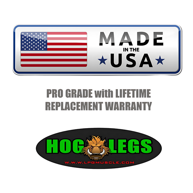 Showcasing a "Made in the USA" badge, warranty info, and a "Hog Legs" boar logo, HOG LEGS 'Fist Full' Pullup Handles & Tricep Attachment are built for extreme pull ups and enhanced grip strength.