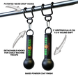 Two HOG LEGS 'Fist Full' Pullup Handles & Tricep Attachment hang from a metal bar with patented hooks and carabiners, boosting grip strength with bold white arrow accents.