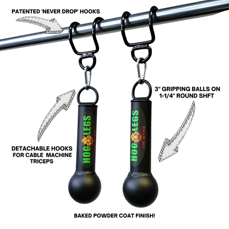 Two HOG LEGS 'Fist Full' Pullup Handles & Tricep Attachment hang from a metal bar with patented hooks and carabiners, boosting grip strength with bold white arrow accents.