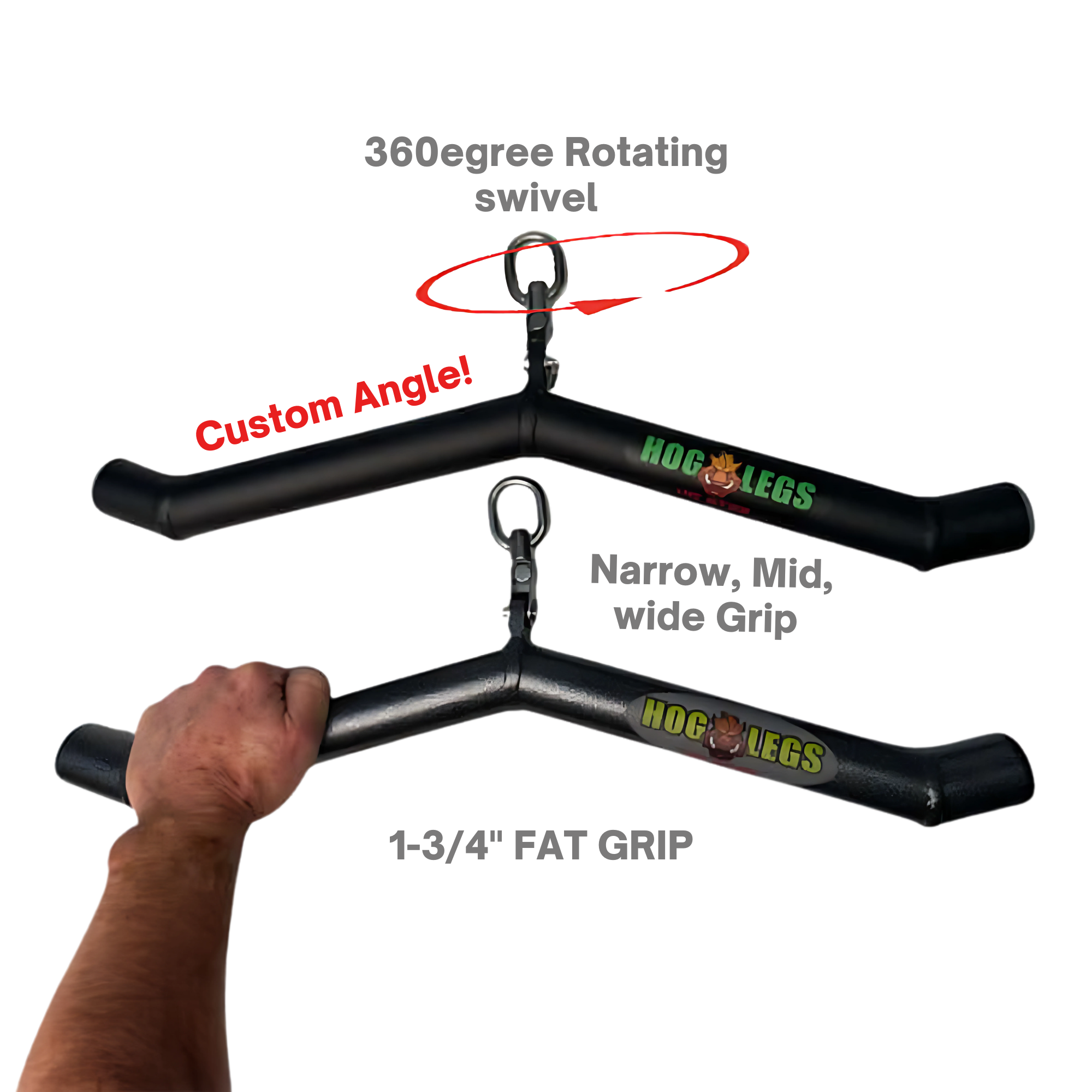 The HOG LEGS 'Ham Bone' FAT Cable Tricep Bar Extreme features wide grips, custom angles, and a fat handle for maximum muscle stimulation during triceps workouts.