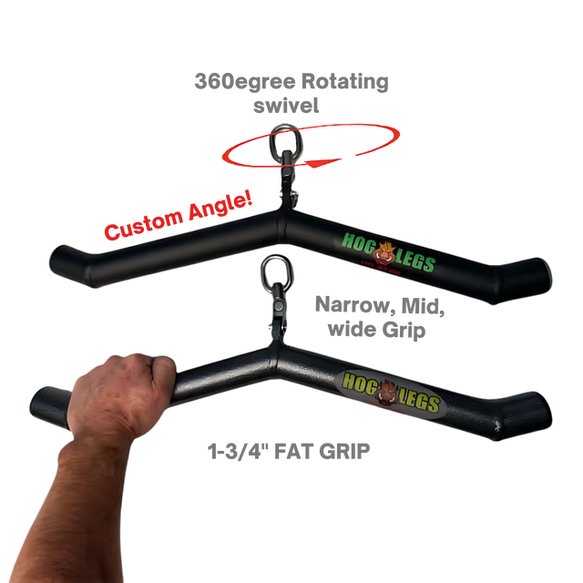 The HOG LEGS 'Ham Bone' FAT Cable Tricep Bar Extreme features wide grips, custom angles, and a fat handle for maximum muscle stimulation during triceps workouts.