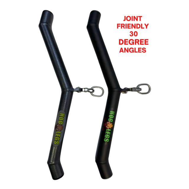 The HOG LEGS 'Ham Bone' FAT Cable Tricep Bar Extreme features two black metal handles with fat grips and 30-degree joint-friendly angles—perfect for muscle stimulation during your workouts.