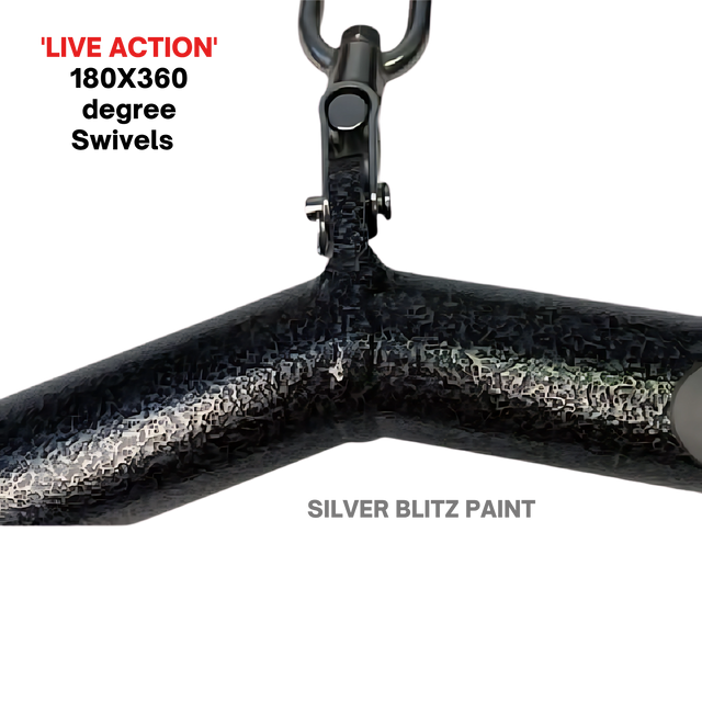 Close-up of a black metal frame joint with a hook, labeled “HOG LEGS 'Ham Bone' FAT Cable Tricep Bar Extreme!”, designed to boost muscle stimulation for workouts.