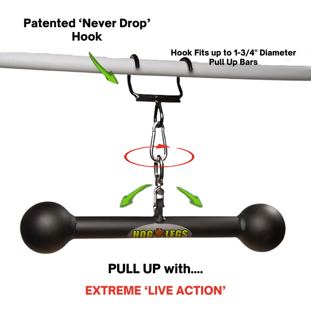 The HOG LEGS Hog Balls Upper Body Exercise Equipment Bar is a black bar with round ends, hanging from a chain and clip on a white bar—ideal for upper body workouts. Text reads "EXTREME 'LIVE ACTION'".
