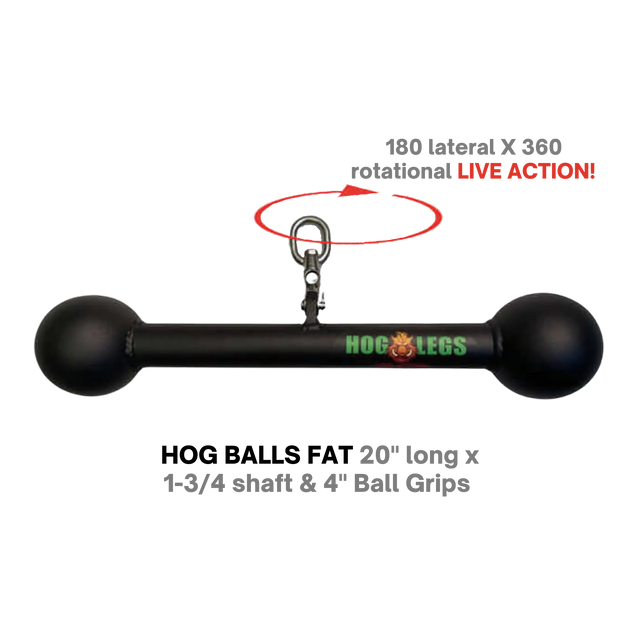 The HOG LEGS Hog Balls Upper Body Exercise Equipment Bar features a black barbell-shaped handle with ball grips, swivel clip, and labeled features; ideal for upper body workouts. Its commercial grade design ensures durability in any gym.