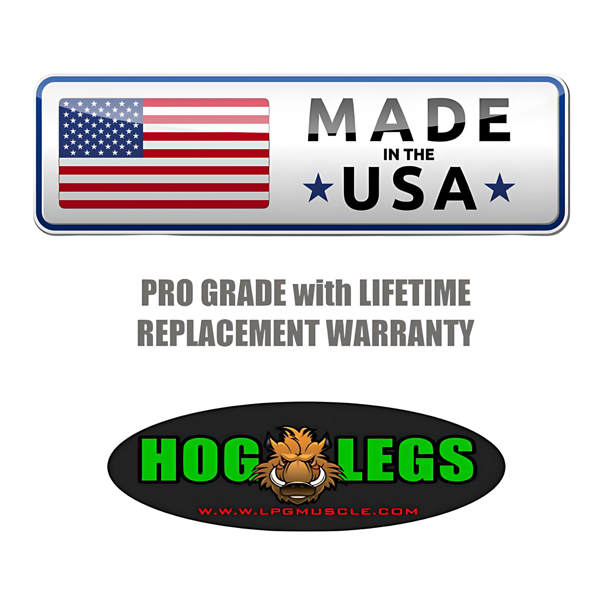 Made in the USA, the HOG LEGS Hog Balls Upper Body Exercise Equipment Bar offers commercial-grade support, pro-grade design, a Hog Legs logo at the bottom, and a lifetime replacement warranty.