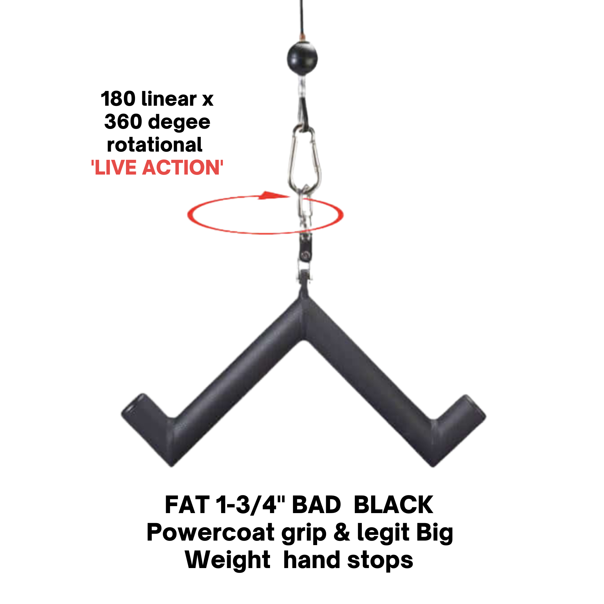 Black V-shaped hanging device with a swivel hook, labeled "LIVE ACTION" and featuring a red rotation arrow. Designed for HOG LEGS 'Hog Wild' Workout Cable Attachments gone Fat!—ideal for muscle stimulation and versatile gym setups.