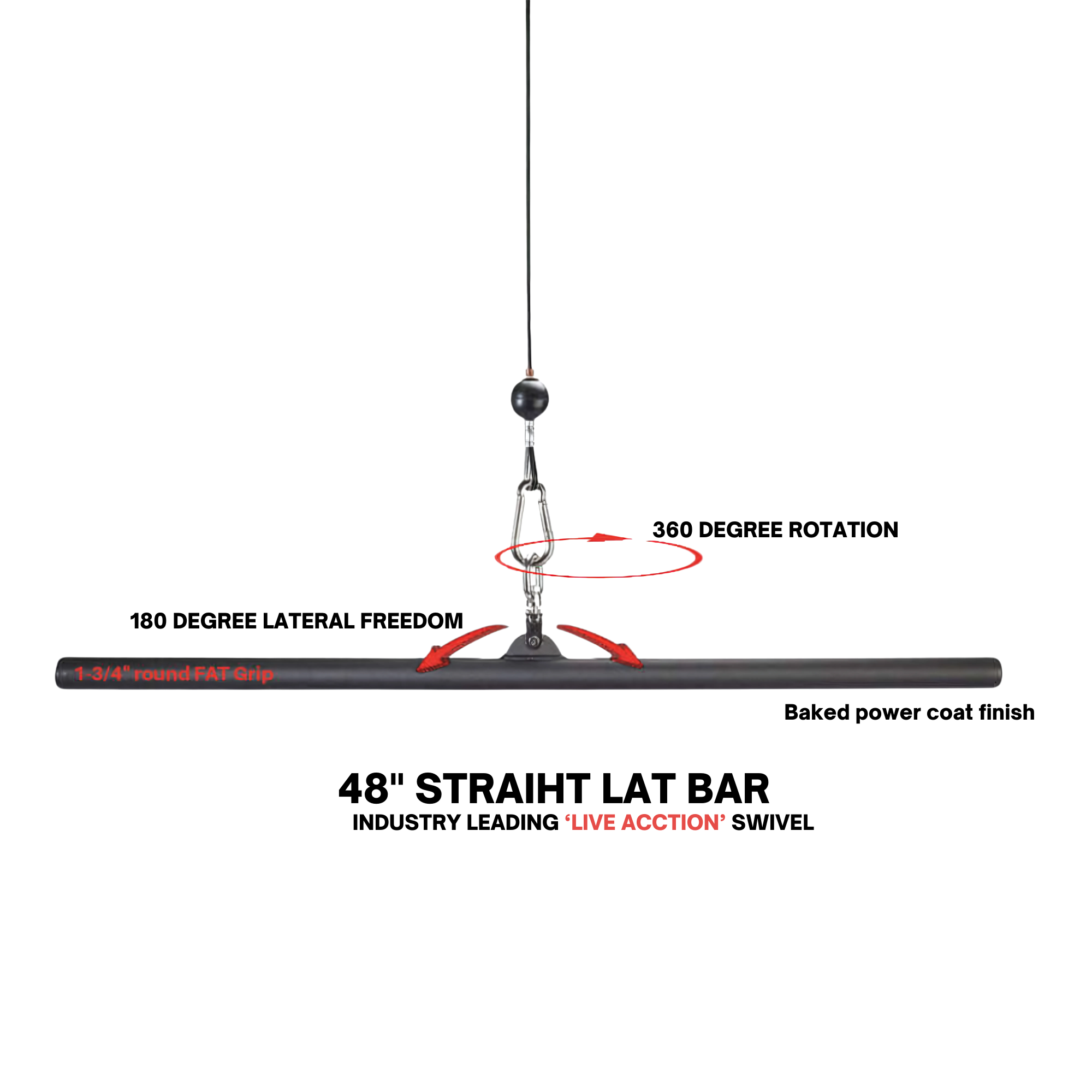 The HOG LEGS 'Hog Wild' Workout Cable Attachments gone Fat! is a black, cable-suspended bar with red accents and arrows for spin motion—perfect for intense workouts and enhanced muscle stimulation.