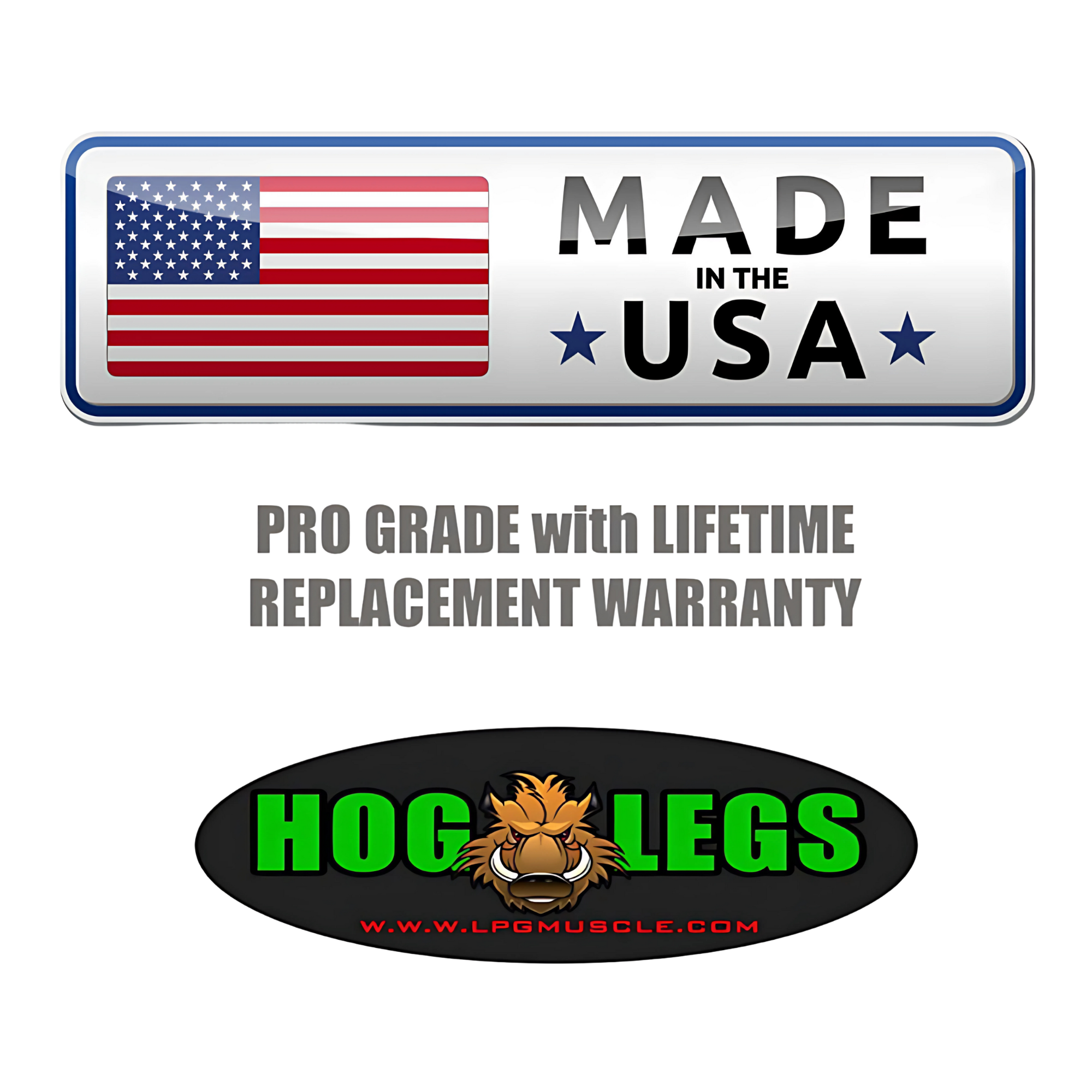 The HOG LEGS Jawbone Single Fat Grip Cable Machine Handle, made in the USA with pro grade construction, features a lifetime warranty and Hog Legs logo—ideal for intense training sessions.