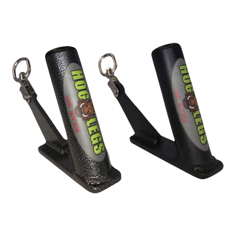 The HOG LEGS Jawbone pair of Fat Grip Gym Handles for Cable features black metal holders with attached rings and angled bases, ideal for enhancing your cable machine workouts.