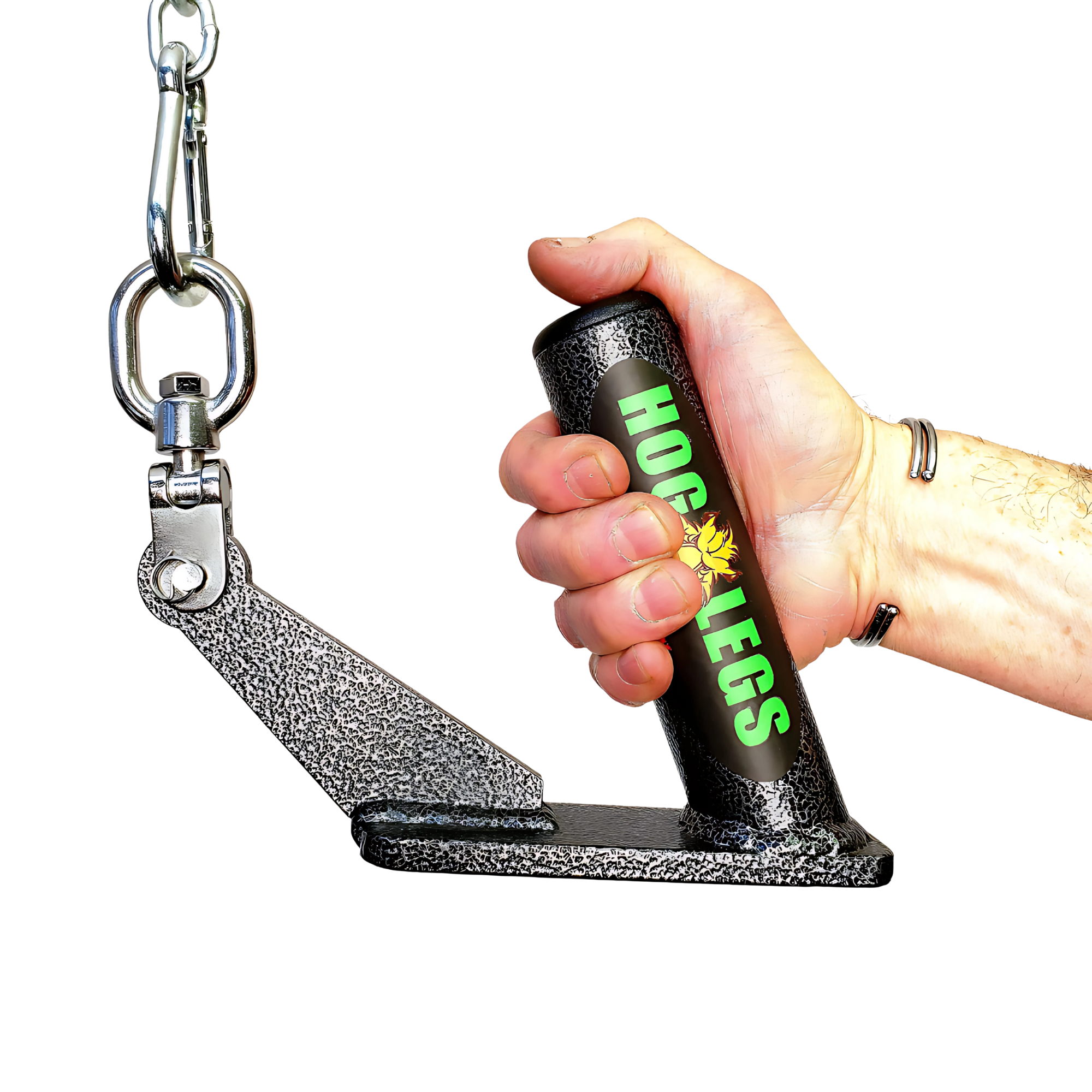 A hand grips a HOG LEGS Jawbone Single Fat Grip Cable Machine Handle, black, attached to a metal chain and bracket.