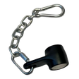 A black plastic cap with a short metal chain and carabiner, perfect for connecting the HOG LEGS Landmine Olympic T-Bar Row Handles Attachment Ring to Olympic Barbells during landmine rows.